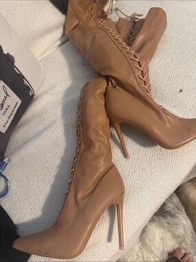 Brown Lace-Up Knee-High Stiletto Boots